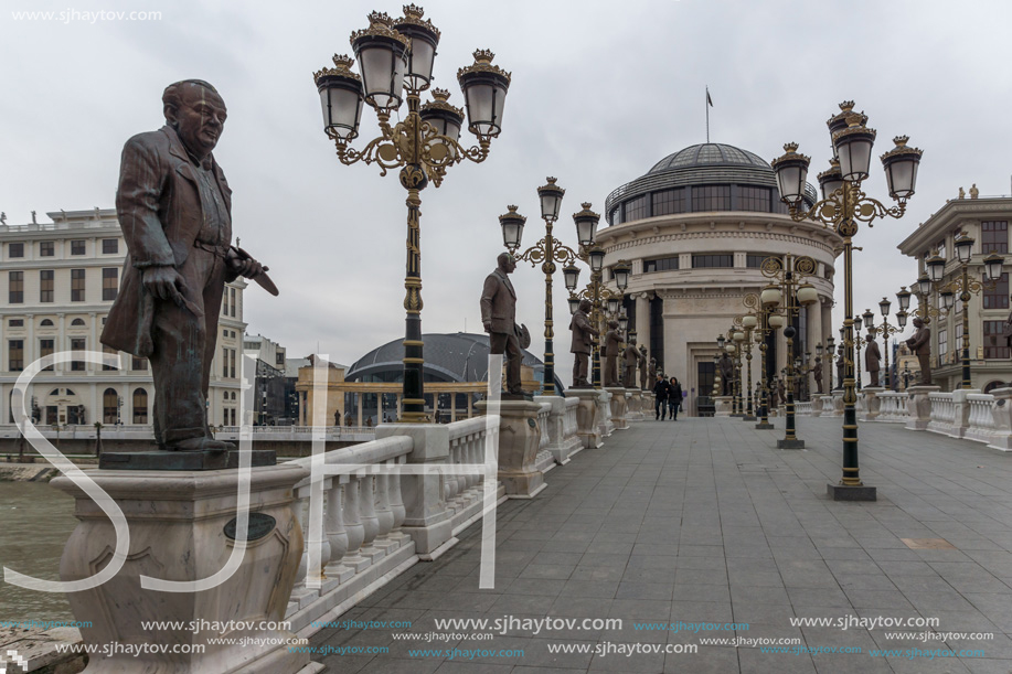 SKOPJE, REPUBLIC OF MACEDONIA - FEBRUARY 24, 2018:  Art Bridge and Vardar River  in city of  Skopje, Republic of Macedonia