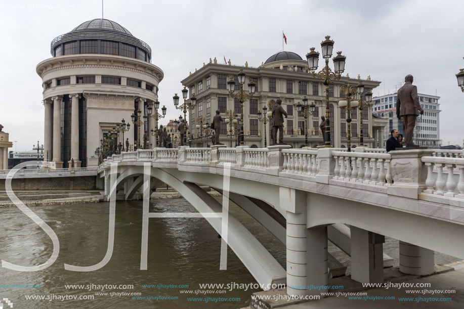 SKOPJE, REPUBLIC OF MACEDONIA - FEBRUARY 24, 2018:  Art Bridge and Vardar River  in city of  Skopje, Republic of Macedonia