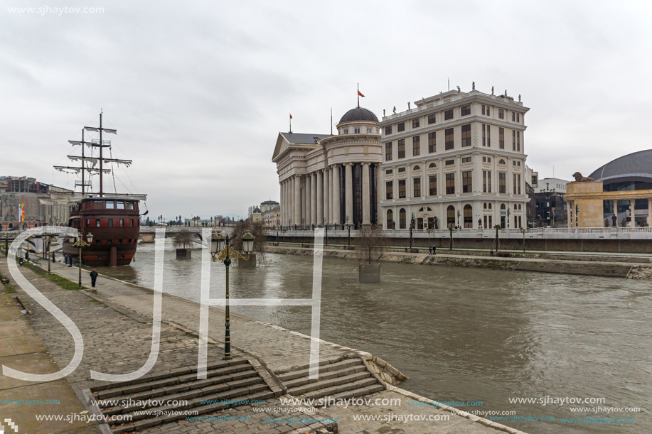 SKOPJE, REPUBLIC OF MACEDONIA - FEBRUARY 24, 2018: River Vardar passing through City of Skopje center, Republic of Macedonia