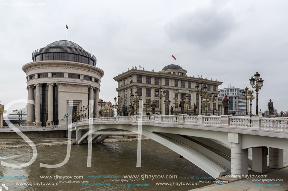 SKOPJE, REPUBLIC OF MACEDONIA - FEBRUARY 24, 2018:  Art Bridge and Vardar River  in city of  Skopje, Republic of Macedonia