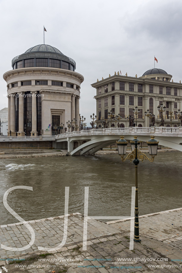 SKOPJE, REPUBLIC OF MACEDONIA - FEBRUARY 24, 2018:  Art Bridge and Vardar River  in city of  Skopje, Republic of Macedonia