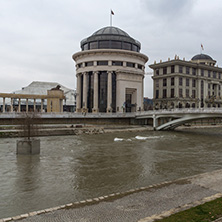 SKOPJE, REPUBLIC OF MACEDONIA - FEBRUARY 24, 2018:  Art Bridge and Vardar River  in city of  Skopje, Republic of Macedonia