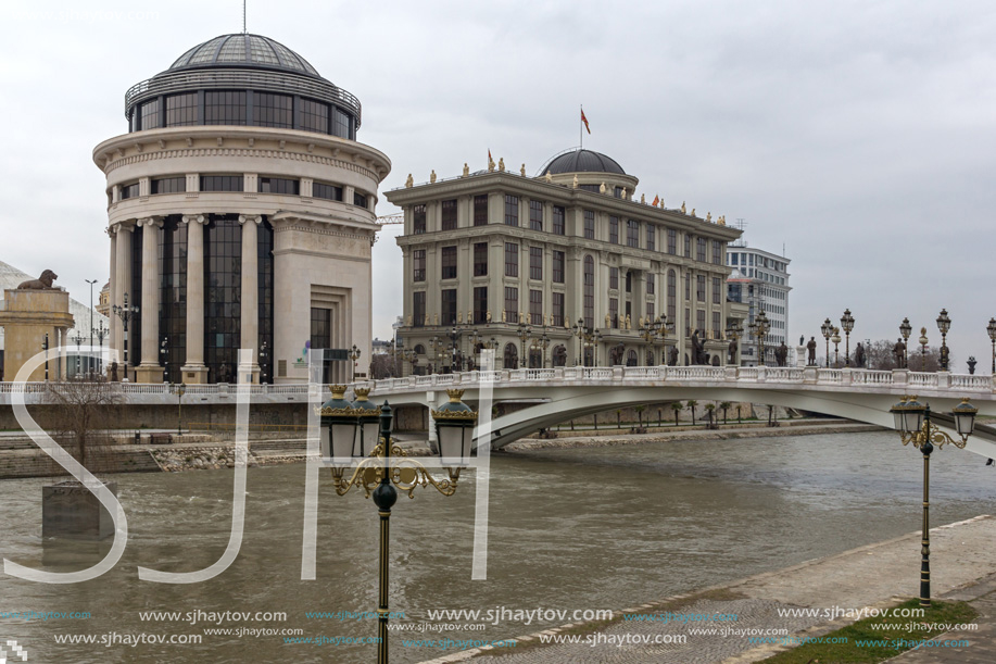 SKOPJE, REPUBLIC OF MACEDONIA - FEBRUARY 24, 2018:  Art Bridge and Vardar River  in city of  Skopje, Republic of Macedonia