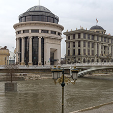 SKOPJE, REPUBLIC OF MACEDONIA - FEBRUARY 24, 2018:  Art Bridge and Vardar River  in city of  Skopje, Republic of Macedonia