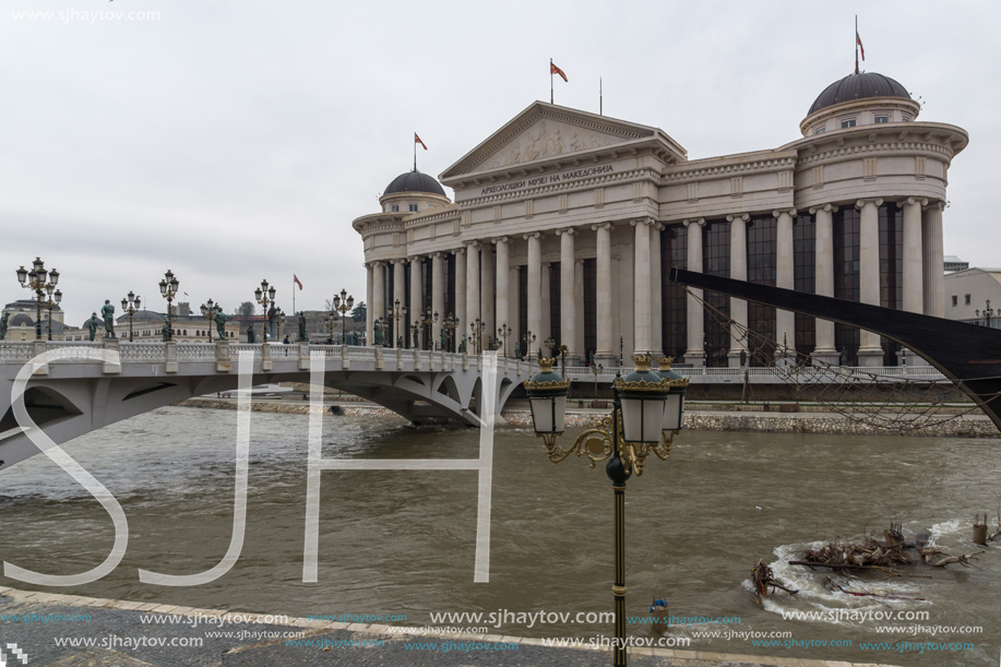 SKOPJE, REPUBLIC OF MACEDONIA - FEBRUARY 24, 2018:  The Bridge of Civilizations and Archaeological Museum, Republic of Macedonia