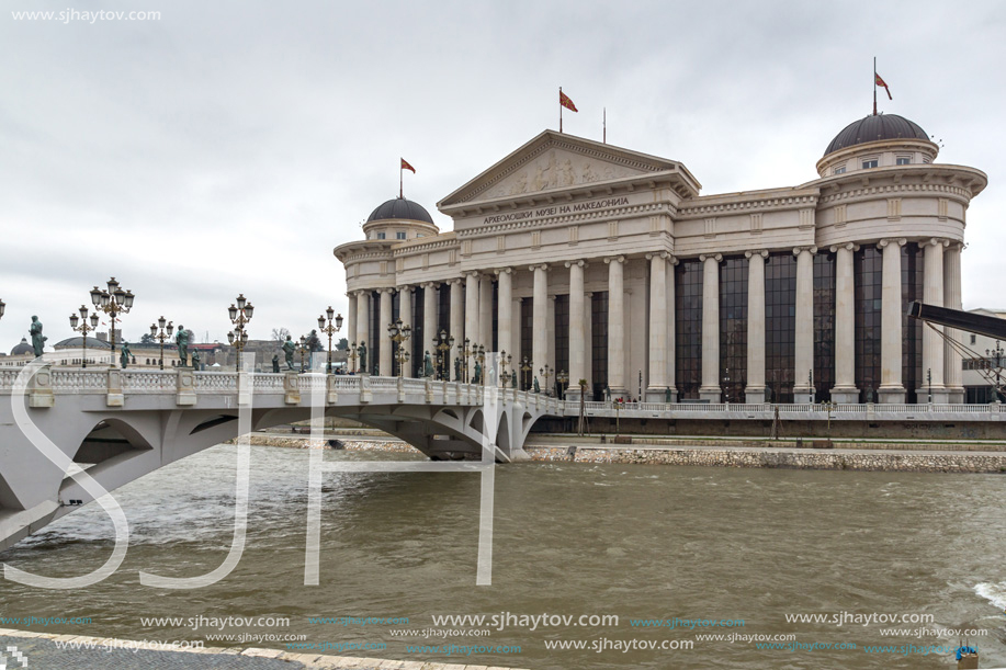 SKOPJE, REPUBLIC OF MACEDONIA - FEBRUARY 24, 2018:  The Bridge of Civilizations and Archaeological Museum, Republic of Macedonia