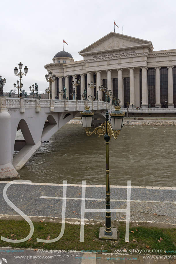 SKOPJE, REPUBLIC OF MACEDONIA - FEBRUARY 24, 2018:  The Bridge of Civilizations and Archaeological Museum, Republic of Macedonia