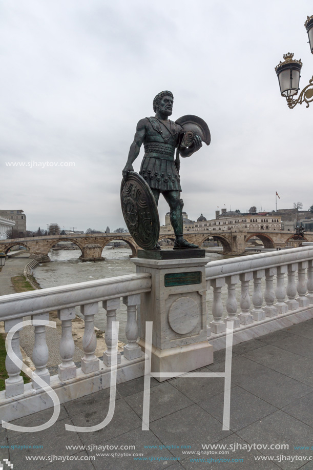 SKOPJE, REPUBLIC OF MACEDONIA - FEBRUARY 24, 2018:  Statue at  Bridge of Civilizations, Republic of Macedonia