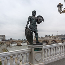 SKOPJE, REPUBLIC OF MACEDONIA - FEBRUARY 24, 2018:  Statue at  Bridge of Civilizations, Republic of Macedonia