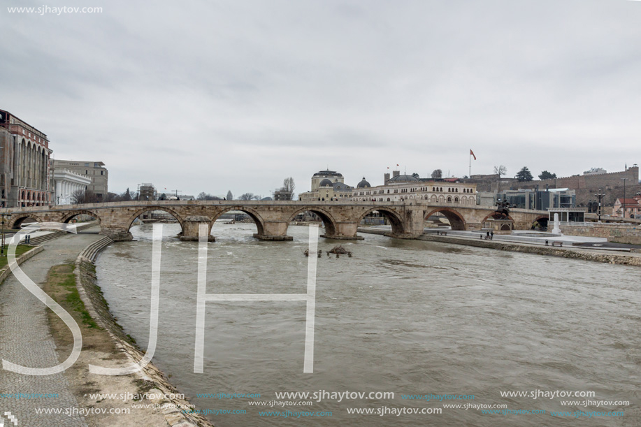 SKOPJE, REPUBLIC OF MACEDONIA - FEBRUARY 24, 2018:  Skopje City Center, Old Stone Bridge and Vardar River, Republic of Macedonia