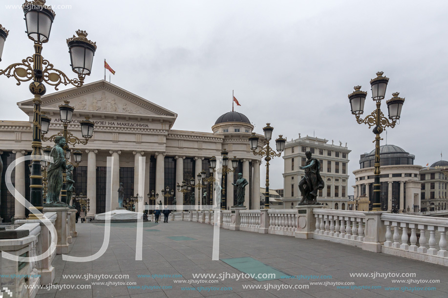 SKOPJE, REPUBLIC OF MACEDONIA - FEBRUARY 24, 2018:  The Bridge of Civilizations and Archaeological Museum, Republic of Macedonia