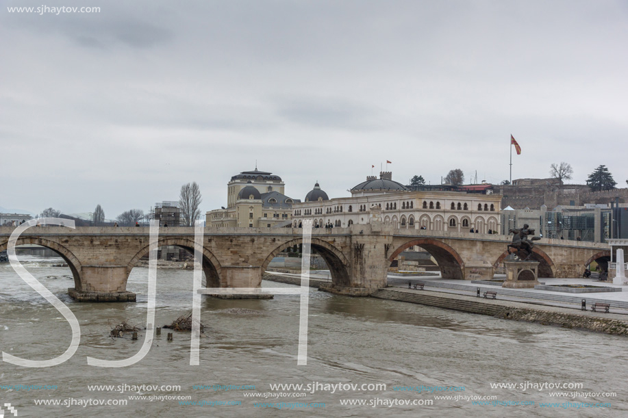 SKOPJE, REPUBLIC OF MACEDONIA - FEBRUARY 24, 2018:  Skopje City Center, Old Stone Bridge and Vardar River, Republic of Macedonia