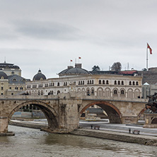 SKOPJE, REPUBLIC OF MACEDONIA - FEBRUARY 24, 2018:  Skopje City Center, Old Stone Bridge and Vardar River, Republic of Macedonia