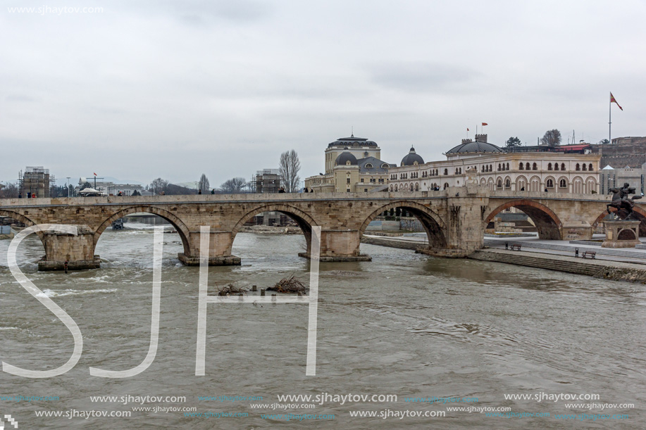 SKOPJE, REPUBLIC OF MACEDONIA - FEBRUARY 24, 2018:  Skopje City Center, Old Stone Bridge and Vardar River, Republic of Macedonia