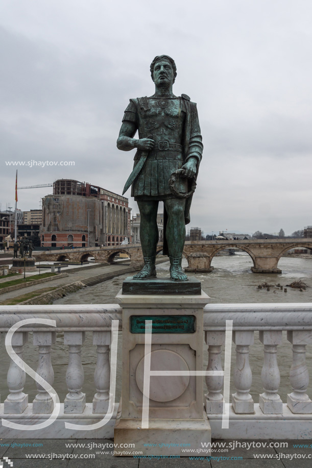 SKOPJE, REPUBLIC OF MACEDONIA - FEBRUARY 24, 2018:  Statue at  Bridge of Civilizations, Republic of Macedonia