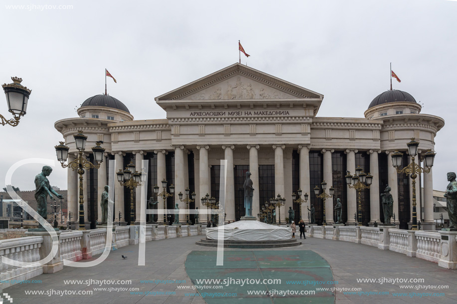 SKOPJE, REPUBLIC OF MACEDONIA - FEBRUARY 24, 2018:  The Bridge of Civilizations and Archaeological Museum, Republic of Macedonia