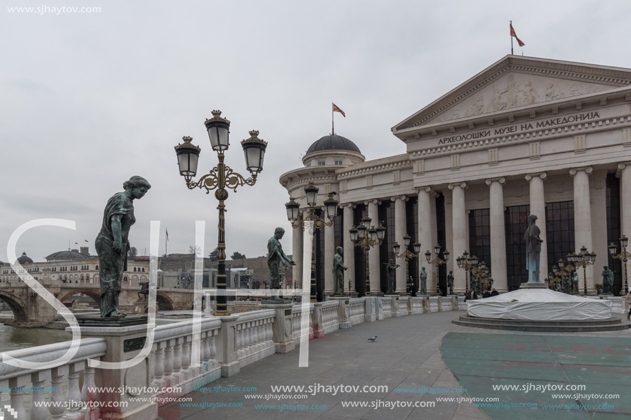 SKOPJE, REPUBLIC OF MACEDONIA - FEBRUARY 24, 2018:  The Bridge of Civilizations and Archaeological Museum, Republic of Macedonia