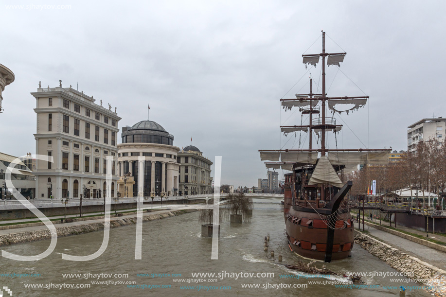 SKOPJE, REPUBLIC OF MACEDONIA - FEBRUARY 24, 2018: River Vardar passing through City of Skopje center, Republic of Macedonia