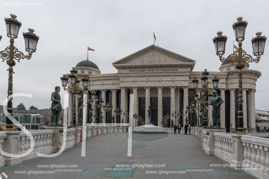 SKOPJE, REPUBLIC OF MACEDONIA - FEBRUARY 24, 2018:  The Bridge of Civilizations and Archaeological Museum, Republic of Macedonia