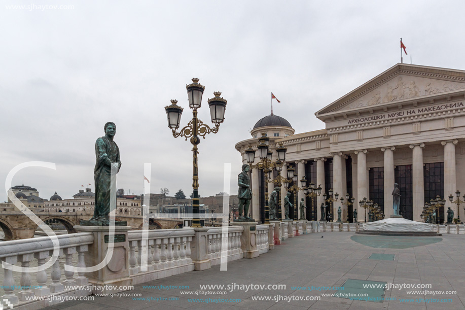 SKOPJE, REPUBLIC OF MACEDONIA - FEBRUARY 24, 2018:  The Bridge of Civilizations and Archaeological Museum, Republic of Macedonia