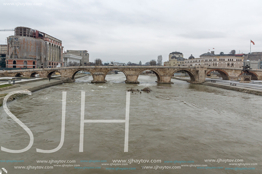 SKOPJE, REPUBLIC OF MACEDONIA - FEBRUARY 24, 2018:  Skopje City Center, Old Stone Bridge and Vardar River, Republic of Macedonia