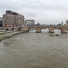 SKOPJE, REPUBLIC OF MACEDONIA - FEBRUARY 24, 2018:  Skopje City Center, Old Stone Bridge and Vardar River, Republic of Macedonia