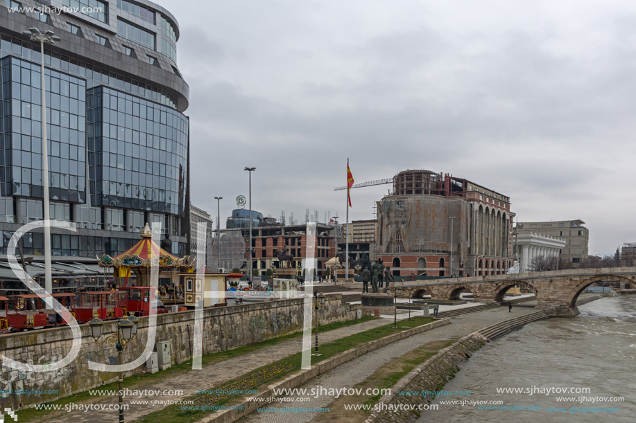 SKOPJE, REPUBLIC OF MACEDONIA - FEBRUARY 24, 2018:  Skopje City Center, Old Stone Bridge and Vardar River, Republic of Macedonia