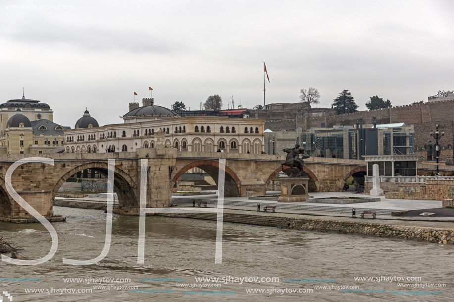 SKOPJE, REPUBLIC OF MACEDONIA - FEBRUARY 24, 2018:  Skopje City Center, Old Stone Bridge and Vardar River, Republic of Macedonia