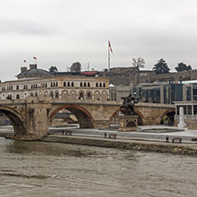 SKOPJE, REPUBLIC OF MACEDONIA - FEBRUARY 24, 2018:  Skopje City Center, Old Stone Bridge and Vardar River, Republic of Macedonia