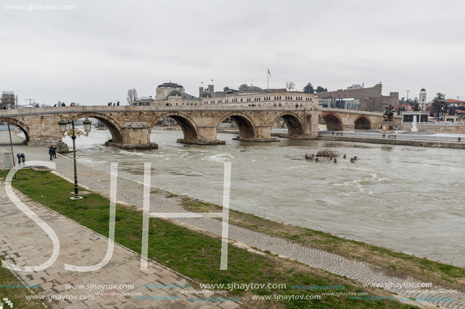 SKOPJE, REPUBLIC OF MACEDONIA - FEBRUARY 24, 2018:  Skopje City Center, Old Stone Bridge and Vardar River, Republic of Macedonia