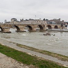 SKOPJE, REPUBLIC OF MACEDONIA - FEBRUARY 24, 2018:  Skopje City Center, Old Stone Bridge and Vardar River, Republic of Macedonia