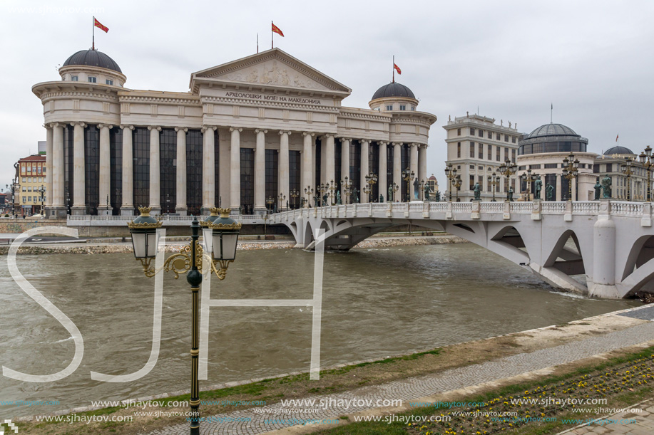 SKOPJE, REPUBLIC OF MACEDONIA - FEBRUARY 24, 2018:  The Bridge of Civilizations and Archaeological Museum, Republic of Macedonia