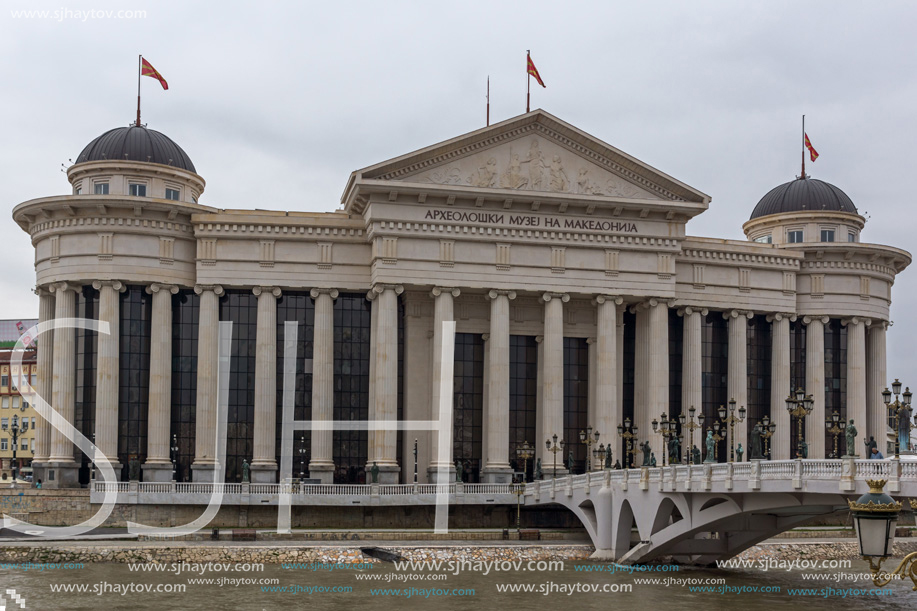 SKOPJE, REPUBLIC OF MACEDONIA - FEBRUARY 24, 2018:  The Bridge of Civilizations and Archaeological Museum, Republic of Macedonia