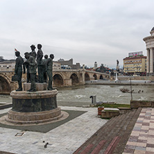 SKOPJE, REPUBLIC OF MACEDONIA - FEBRUARY 24, 2018: Skopje City Center - Statue,  Archaeological Museum and Vardar River, Republic of Macedonia