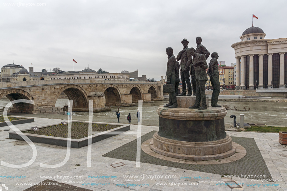 SKOPJE, REPUBLIC OF MACEDONIA - FEBRUARY 24, 2018: Skopje City Center - Statue,  Archaeological Museum and Vardar River, Republic of Macedonia