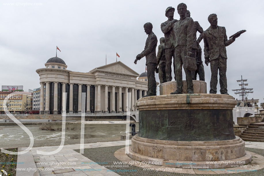 SKOPJE, REPUBLIC OF MACEDONIA - FEBRUARY 24, 2018: Skopje City Center - Statue,  Archaeological Museum and Vardar River, Republic of Macedonia