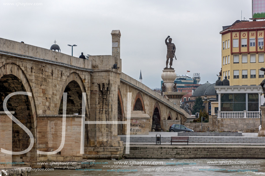 SKOPJE, REPUBLIC OF MACEDONIA - FEBRUARY 24, 2018:  Skopje City Center, Old Stone Bridge and Vardar River, Republic of Macedonia