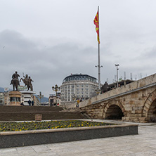 SKOPJE, REPUBLIC OF MACEDONIA - FEBRUARY 24, 2018:  Skopje City Center, Old Stone Bridge and Vardar River, Republic of Macedonia