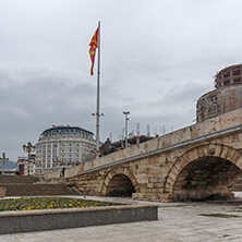 SKOPJE, REPUBLIC OF MACEDONIA - FEBRUARY 24, 2018:  Skopje City Center, Old Stone Bridge and Vardar River, Republic of Macedonia