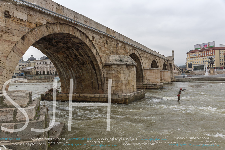 SKOPJE, REPUBLIC OF MACEDONIA - FEBRUARY 24, 2018:  Skopje City Center, Old Stone Bridge and Vardar River, Republic of Macedonia