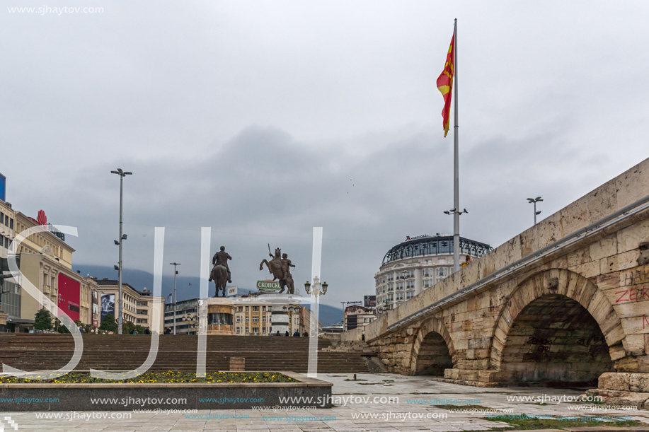 SKOPJE, REPUBLIC OF MACEDONIA - FEBRUARY 24, 2018:  Skopje City Center, Old Stone Bridge and Vardar River, Republic of Macedonia