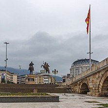 SKOPJE, REPUBLIC OF MACEDONIA - FEBRUARY 24, 2018:  Skopje City Center, Old Stone Bridge and Vardar River, Republic of Macedonia