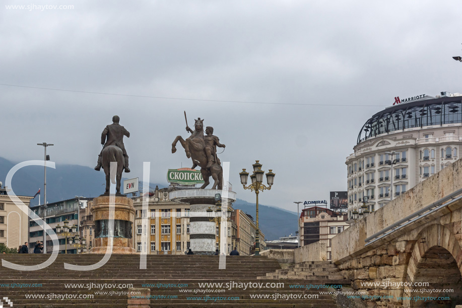 SKOPJE, REPUBLIC OF MACEDONIA - FEBRUARY 24, 2018:  Gotse Delchev and Alexander the Great Monuments at Skopje City Center, Republic of Macedonia