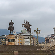 SKOPJE, REPUBLIC OF MACEDONIA - FEBRUARY 24, 2018:  Gotse Delchev and Alexander the Great Monuments at Skopje City Center, Republic of Macedonia