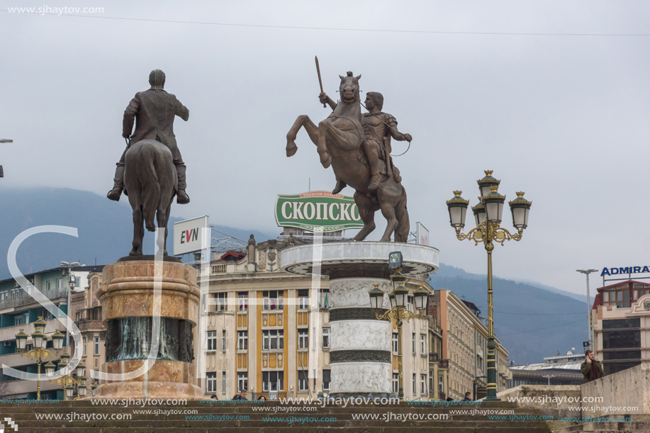 SKOPJE, REPUBLIC OF MACEDONIA - FEBRUARY 24, 2018:  Gotse Delchev and Alexander the Great Monuments at Skopje City Center, Republic of Macedonia