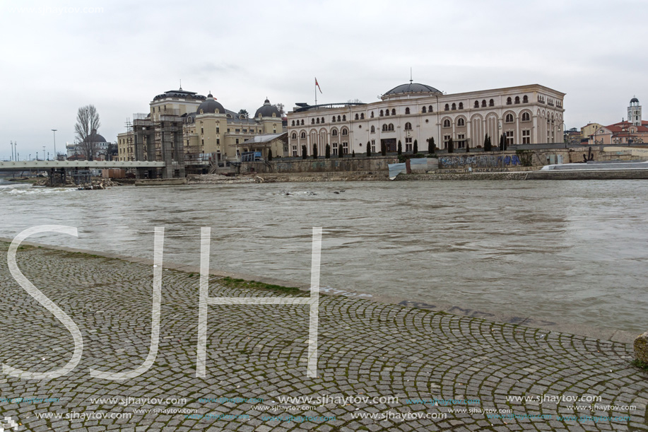 SKOPJE, REPUBLIC OF MACEDONIA - FEBRUARY 24, 2018: River Vardar passing through City of Skopje center, Republic of Macedonia