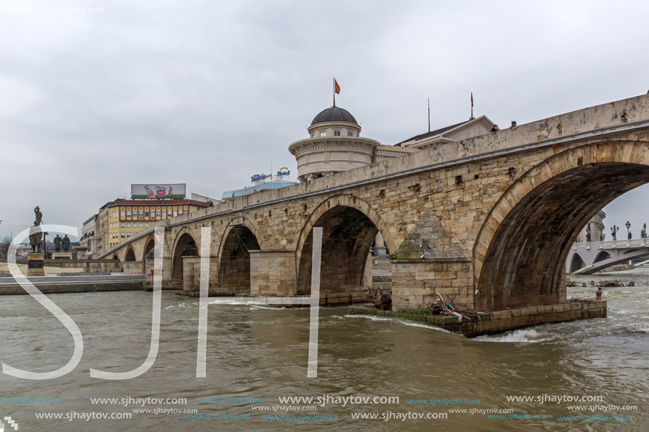 SKOPJE, REPUBLIC OF MACEDONIA - FEBRUARY 24, 2018:  Skopje City Center, Old Stone Bridge and Vardar River, Republic of Macedonia