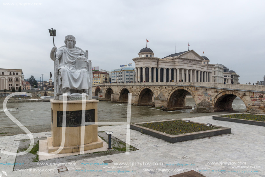 SKOPJE, REPUBLIC OF MACEDONIA - FEBRUARY 24, 2018:   Statue of the Byzantine Emperor Justinian I in city of Skopje, Republic of Macedonia