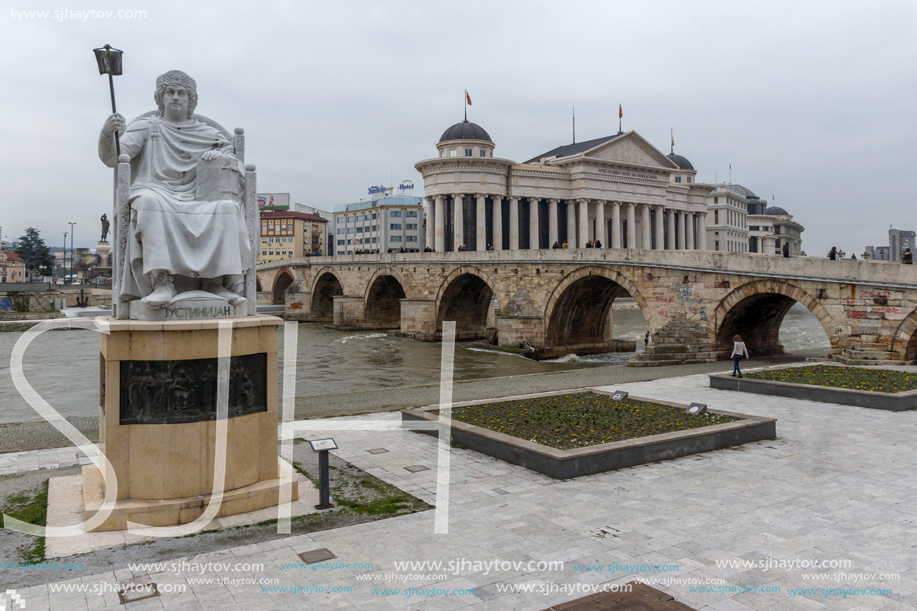 SKOPJE, REPUBLIC OF MACEDONIA - FEBRUARY 24, 2018:   Statue of the Byzantine Emperor Justinian I in city of Skopje, Republic of Macedonia