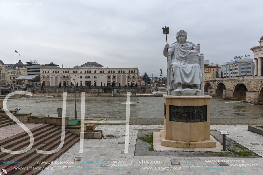 SKOPJE, REPUBLIC OF MACEDONIA - FEBRUARY 24, 2018:   Statue of the Byzantine Emperor Justinian I in city of Skopje, Republic of Macedonia